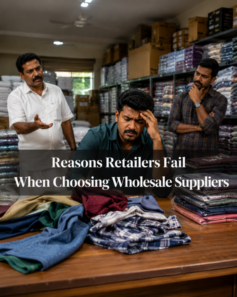 Retail clothing shop owners discussing business concerns in a wholesale clothing warehouse surrounded by folded garments and packaged apparel stock.