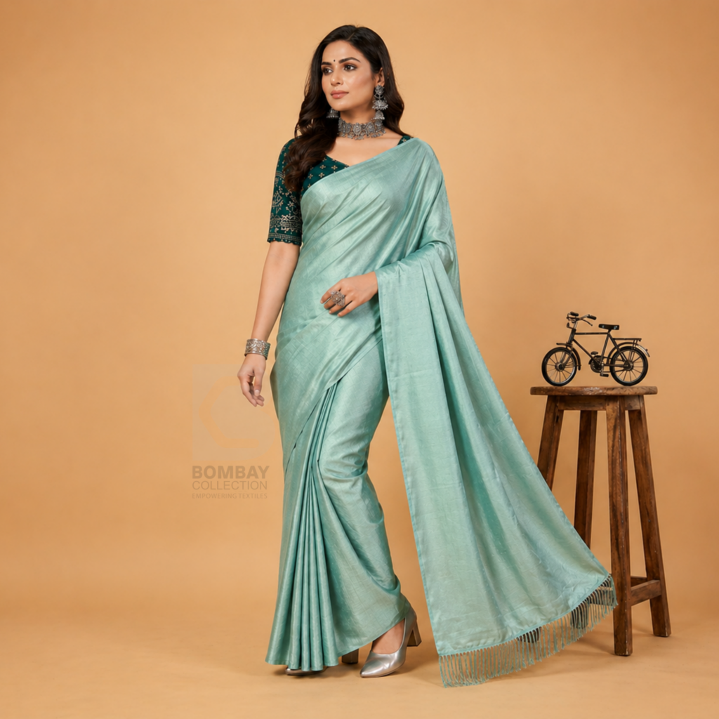 Woman wearing elegant light green wholesale saree from Bombay Collection