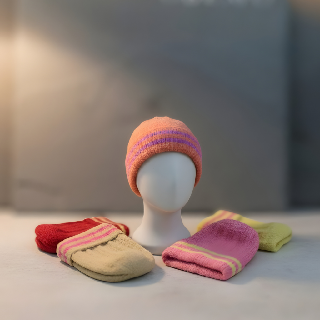 Colorful woollen cap and socks collection for kids and adults, available at Bombay Collection wholesale clothing supplier in Thrissur and Ernakulam.