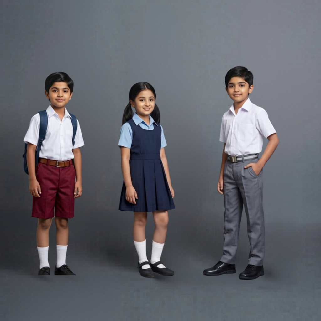 Boys and girls wearing school uniforms, available at Bombay Collection wholesale clothing supplier in Thrissur and Ernakulam.