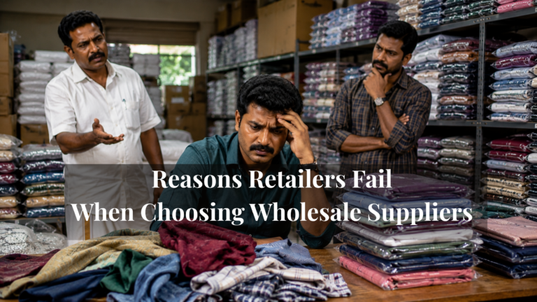 Retail clothing shop owners discussing business concerns in a wholesale clothing warehouse surrounded by folded garments and packaged apparel stock.