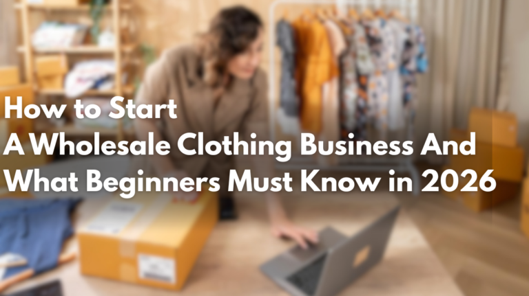 How to start a wholesale clothing business in 2026 – beginner entrepreneur packing fashion orders with laptop and clothing inventory in home workspace. bombaycollection wholesale textile shop in kerala.