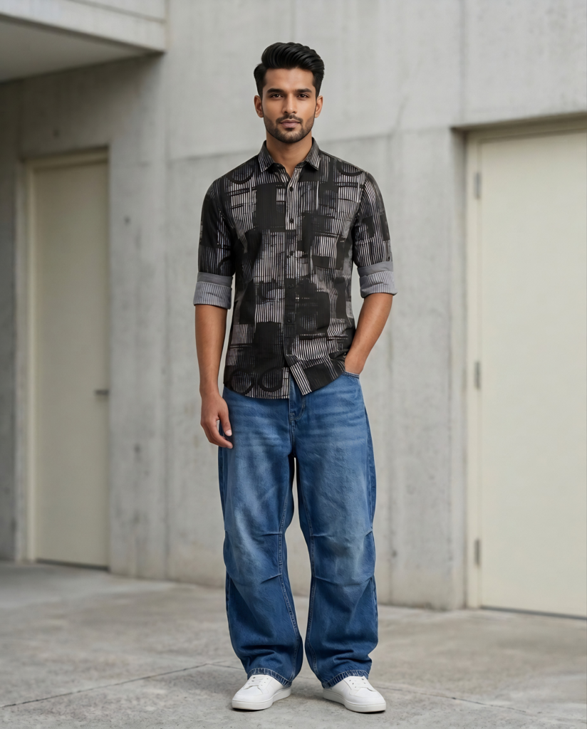 Model wearing wholesale men’s printed shirt with baggy jeans and casual fashion styling by Bombay Collection
