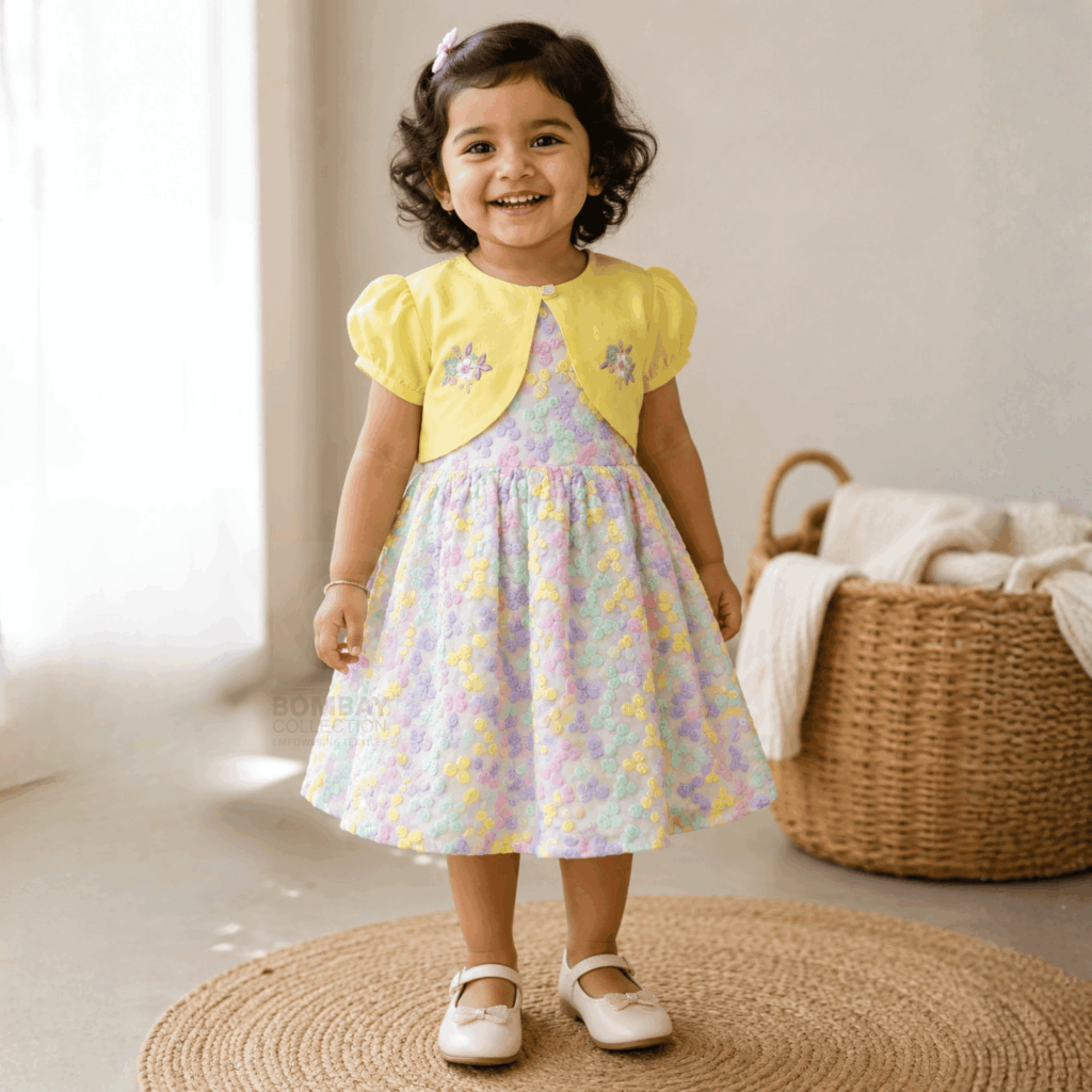 Young girl wearing a floral printed dress with a yellow bodice, available at Bombay Collection wholesale clothing supplier in Thrissur and Ernakulam.