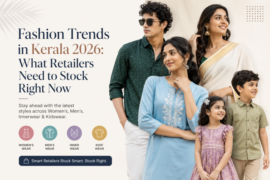 Fashion trends in Kerala 2026 featuring women's wear, men's wear, kids' wear and innerwear for Kerala retailers by Bombay Collection.