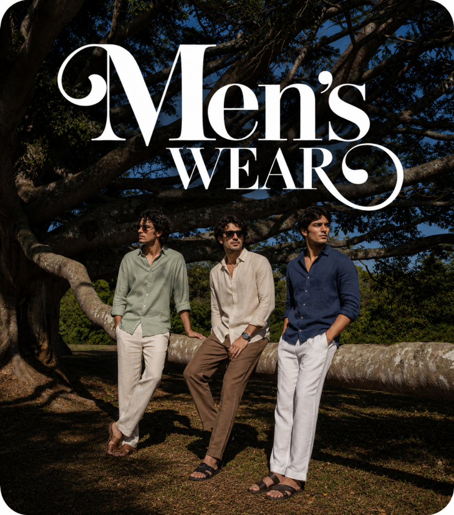 Men's wear fashion trends in Kerala 2026 featuring linen shirts, casual wear and traditional styles for Kerala retailers by Bombay Collection.