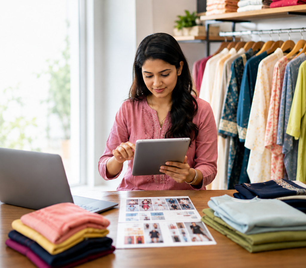 Fashion trends in Kerala 2026 showing a Kerala clothing retailer planning wholesale inventory with the latest women's wear collections from Bombay Collection.
