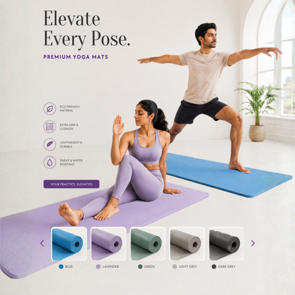 Premium yoga mats in multiple colors for fitness and yoga practice, available at Bombay Collection wholesale supplier in Thrissur and Ernakulam.