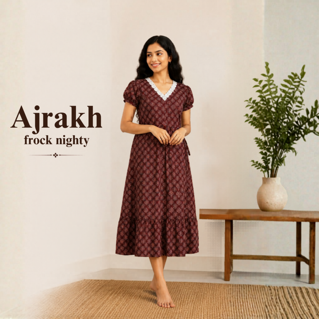 Woman wearing an Ajrakh frock nighty with traditional printed patterns, available at Bombay Collection wholesale clothing supplier in Thrissur and Ernakulam.