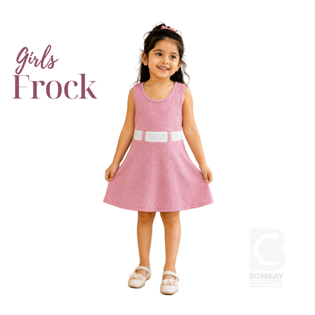 Young girl wearing a pink sleeveless frock, available at Bombay Collection wholesale clothing supplier in Thrissur and Ernakulam.