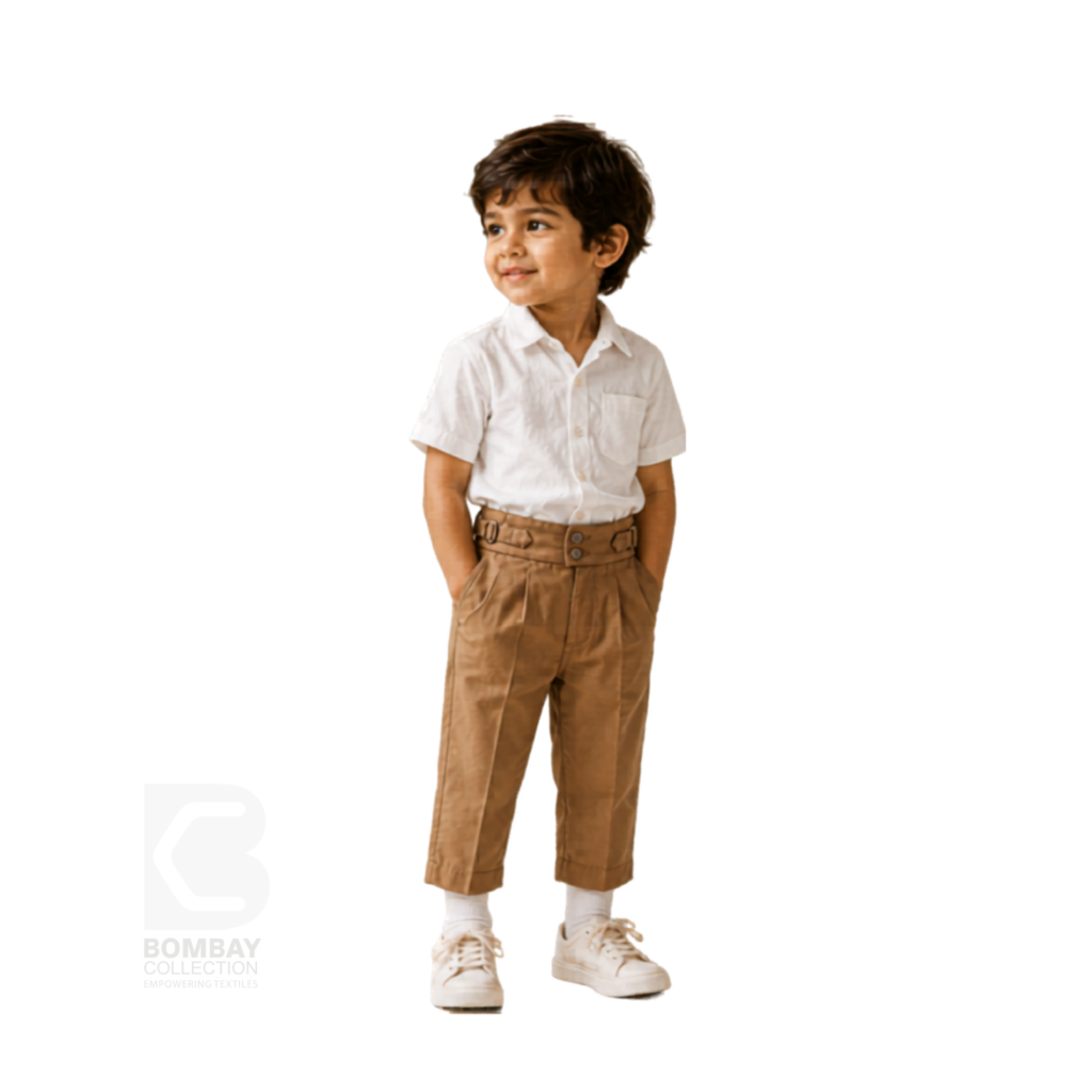 Young boy wearing a white shirt and brown trousers, available at Bombay Collection wholesale clothing supplier in Thrissur and Ernakulam.