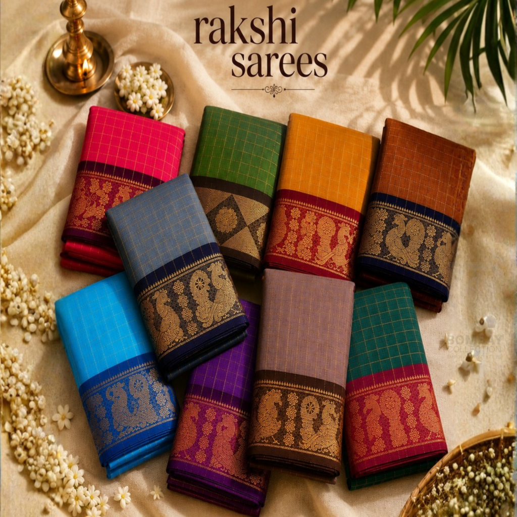 Colorful Rakshi sarees with traditional woven borders, available at Bombay Collection wholesale clothing supplier in Thrissur and Ernakulam.