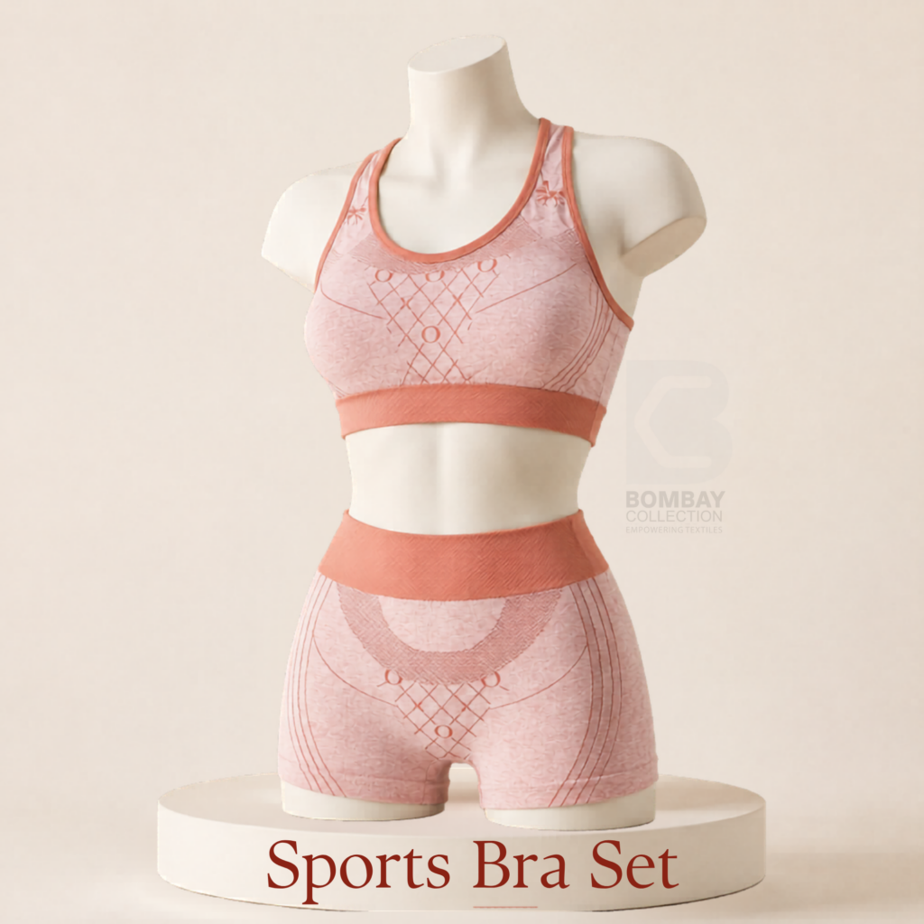 Women's seamless sports bra set with matching shorts, available at Bombay Collection wholesale clothing supplier in Thrissur and Ernakulam.