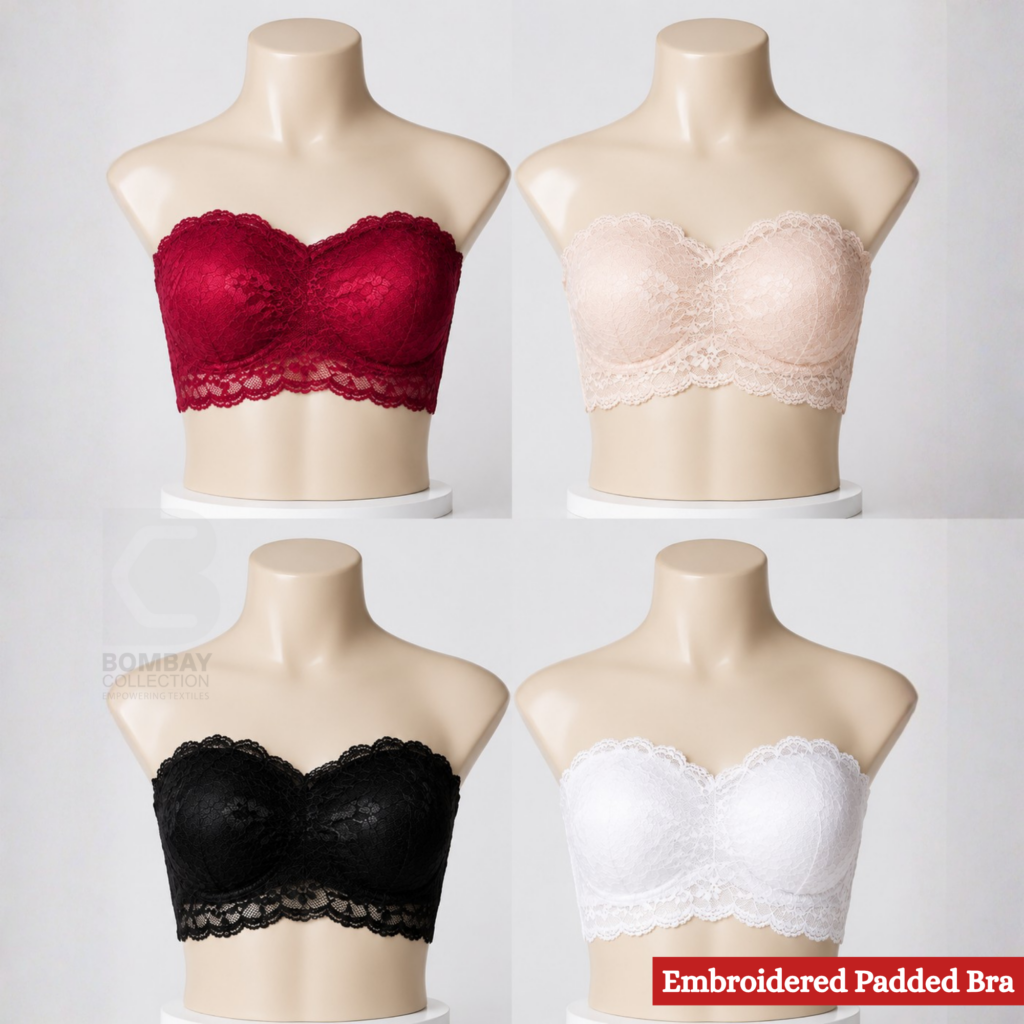 Embroidered padded bras in red, beige, black, and white colors, available at Bombay Collection wholesale clothing supplier in Thrissur and Ernakulam.