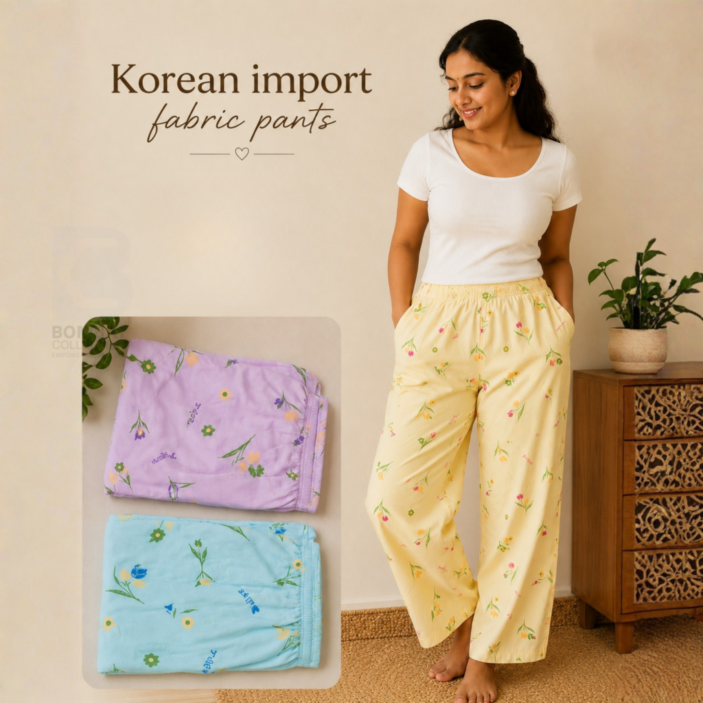 Woman wearing Korean import fabric pants with floral prints, available at Bombay Collection wholesale clothing supplier in Thrissur and Ernakulam.