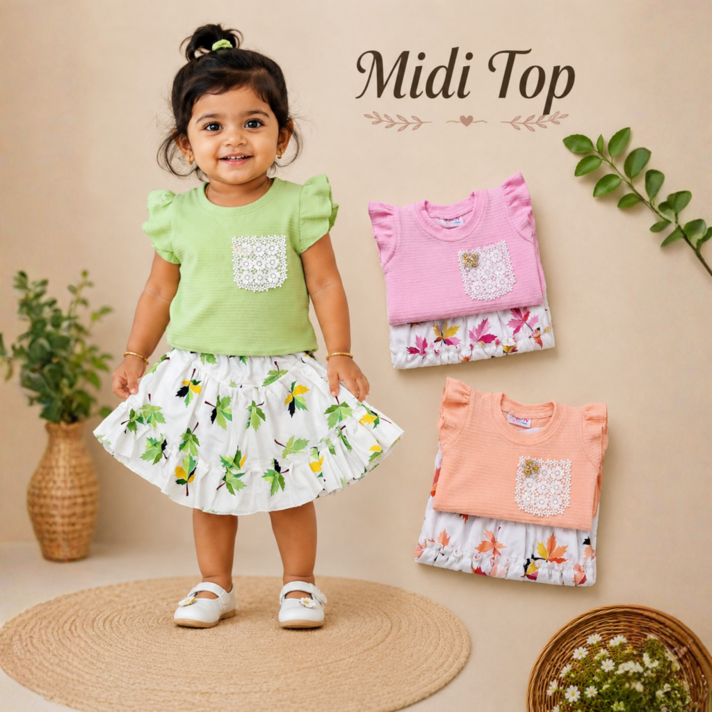 Young girl wearing a floral midi top set with matching skirt, available at Bombay Collection wholesale clothing supplier in Thrissur and Ernakulam.