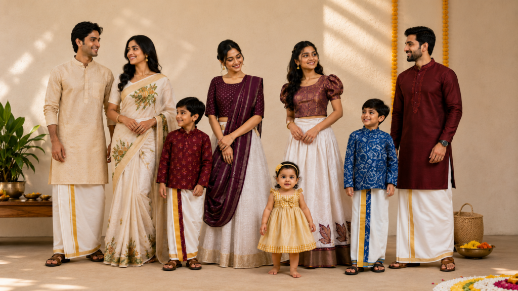 A family wearing Onam collection featuring sarees, set mundu, kurta, kidswear, and festive clothing by Bombay Collection, a wholesale clothing supplier in Kerala.