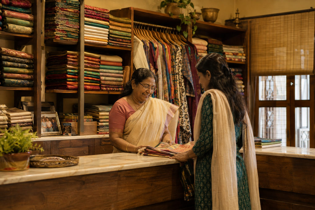 Boutique owner showing sarees to a customer, stocked from the wholesale clothing market Kerala
