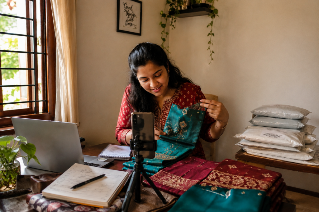 Woman livestreaming saree collection to sell online from the wholesale clothing market Kerala