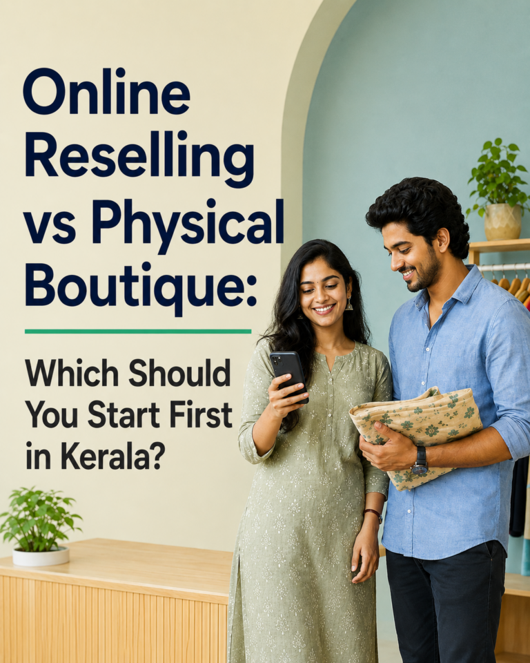 Man and woman comparing online reselling and physical boutique options in the wholesale clothing market Kerala