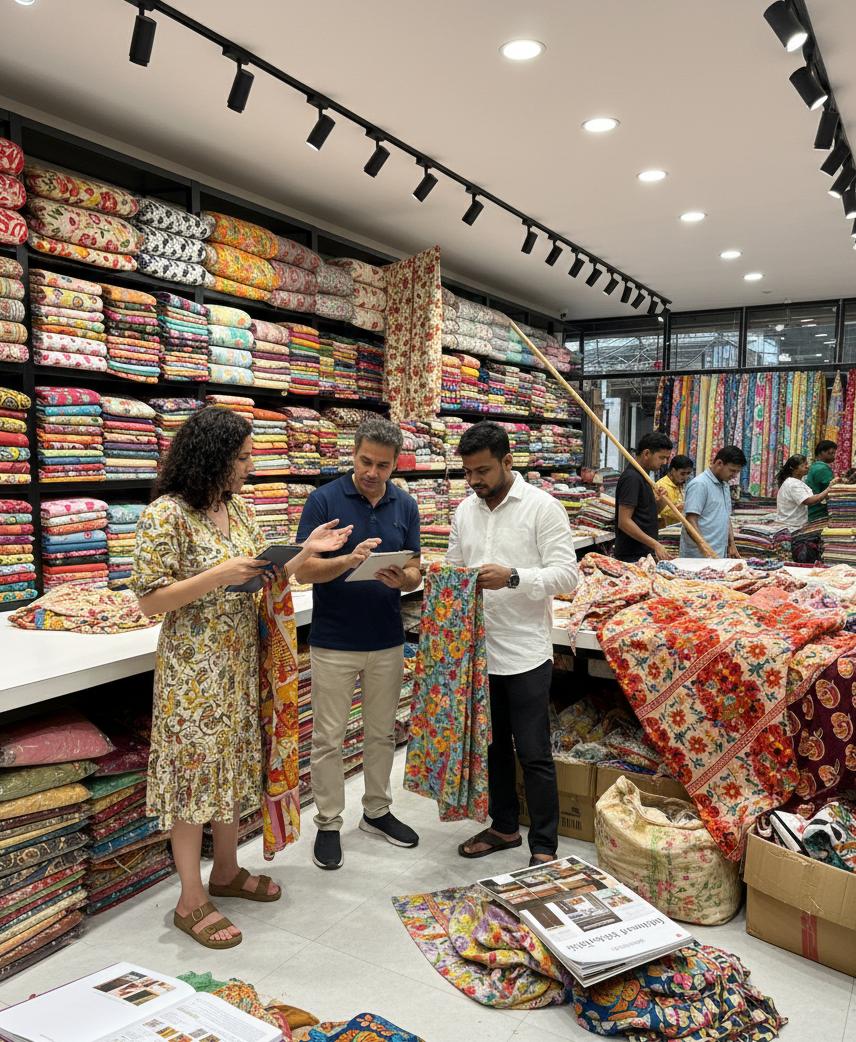 Retailer checking wholesale clothing quality in person